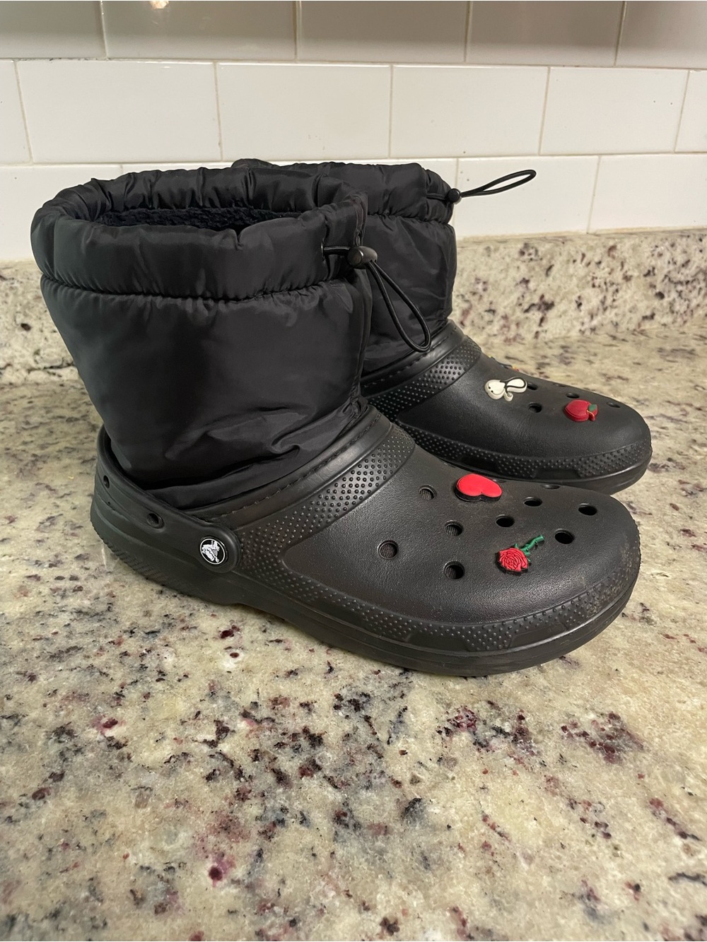 black Crocs Classic Lined Neo Puff Boots with personalization charms men 9 wm 11